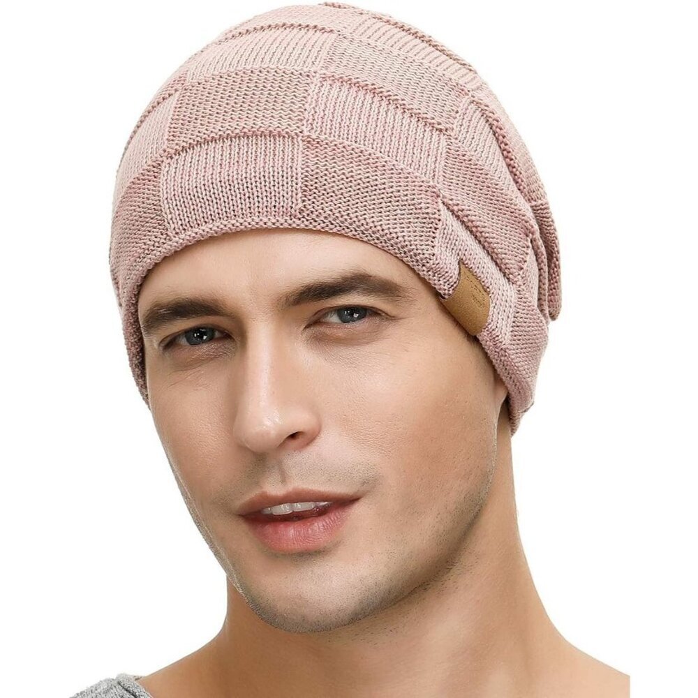 Men’s pink Winter Beanies Knit Hats Lined Thick Warm Stocking Cap for Guys - Picture 2 of 6
